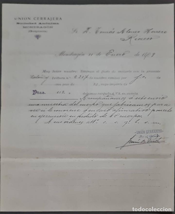 Cartas comerciales: Uni&oacute;n Cerrajera S.A. F&aacute;bricas de cerrajer&iacute;a de todas clases. Mondrag&oacute;n. Espa&ntilde;a 1909