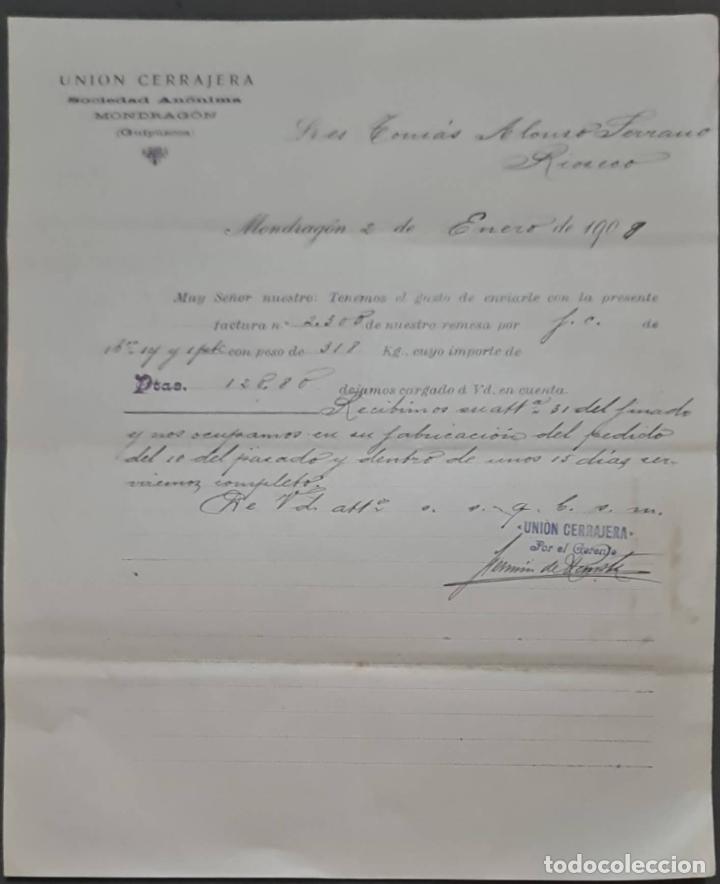 Cartas comerciales: Uni&oacute;n Cerrajera S.A. F&aacute;bricas de cerrajer&iacute;a de todas clases. Mondrag&oacute;n. Espa&ntilde;a 1909