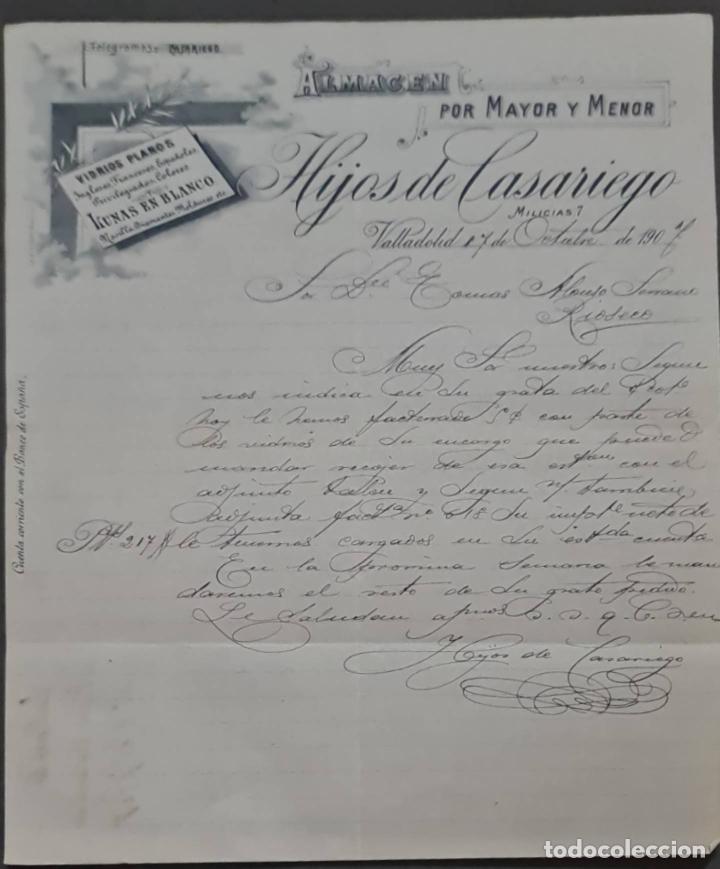Cartas comerciales: Hijos de Casariego. Almac&eacute;n por Mayor y menor. Vidrios planos. Valladolid. Espa&ntilde;a 1907