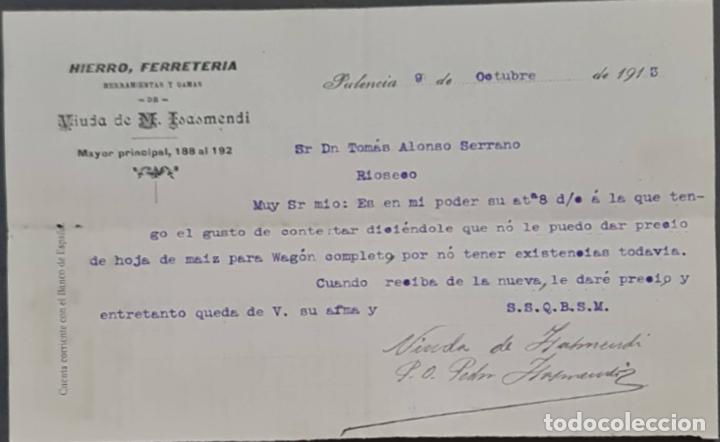Cartas comerciales: Viuda de M. Isasmendi. Hierro y Ferreter&iacute;a. Palencia. Espa&ntilde;a 1913