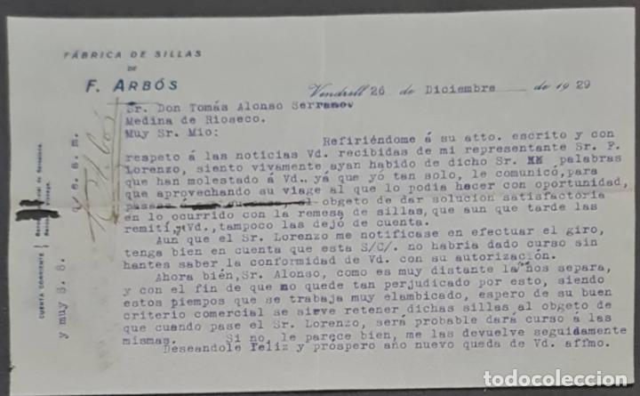 Cartas comerciales: F. Arb&oacute;s. F&aacute;brica de sillas. Tarragona. Espa&ntilde;a 1929