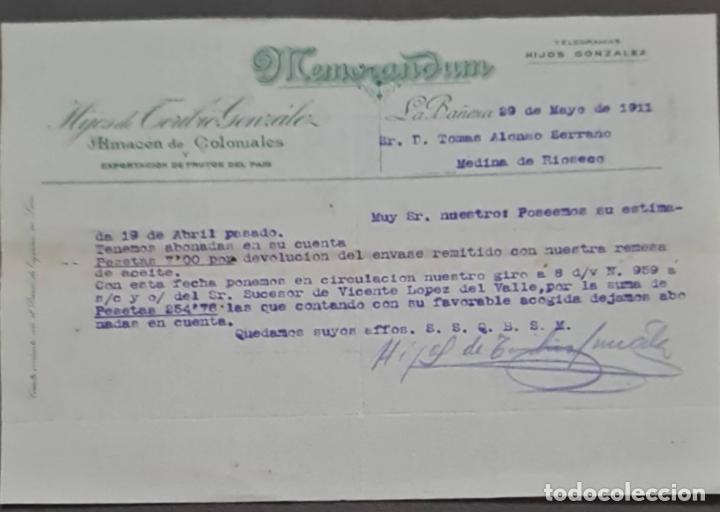 Cartas comerciales: Memorandum. Hijos de Tiribio Gonz&aacute;lez. Almac&eacute;n de coloniales. La Ba&ntilde;era. Espa&ntilde;a 1911