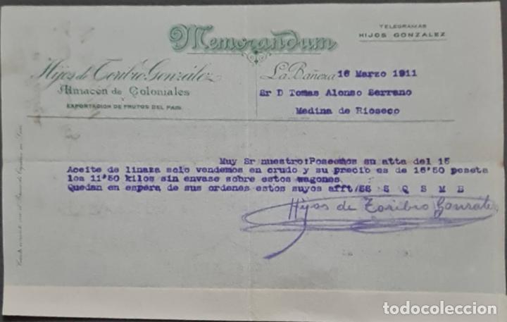 Cartas comerciales: Memorandum. Hijos de Toiribio Gonz&aacute;lez. Almac&eacute;n de coloniales. La Ba&ntilde;era. Espa&ntilde;a 1911