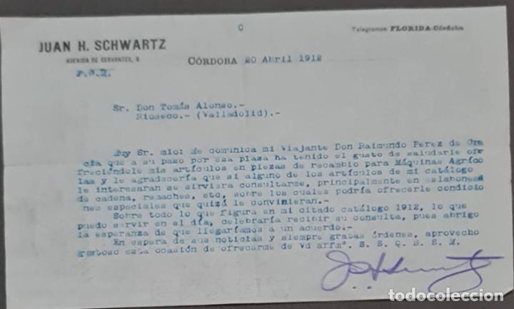 Cartas comerciales: Juan H. Schwartz. M&aacute;quinas agr&iacute;colas y piezas de recambio. C&oacute;rdoba. Espa&ntilde;a 1912