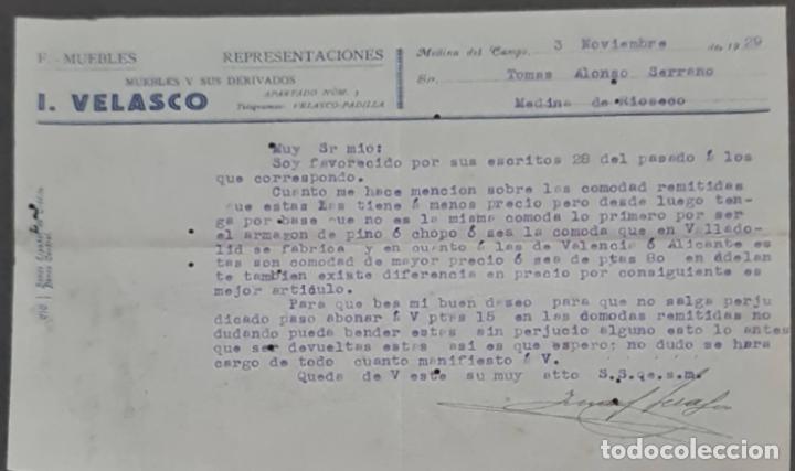 Cartas comerciales: I. Velasco. Muebles y sus derivados. Medina del Campo. Espa&ntilde;a 1929