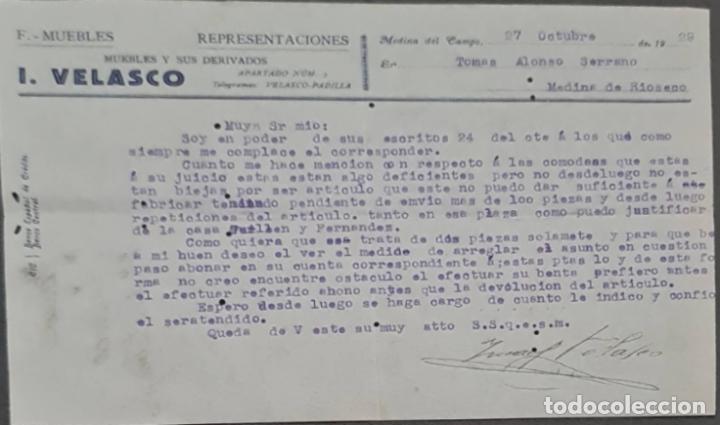 Cartas comerciales: I. Velasco. Muebles y sus derivados. Medina del Campo. Espa&ntilde;a 1929