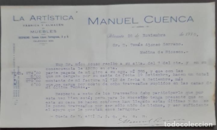 Cartas comerciales: Manuel Cuenca. La Art&iacute;stica. F&aacute;brica y Almac&eacute;n de muebles. Alicante. Espa&ntilde;a 1930