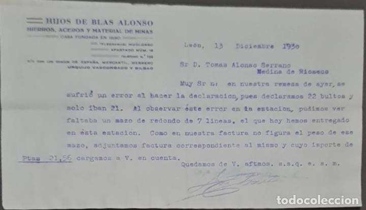 Cartas comerciales: Hijos de Blas Alonso. Almac&eacute;n de hierros. Le&oacute;n. Espa&ntilde;a 1930