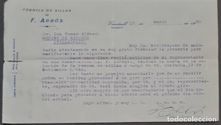 Cartas comerciales: F. Arb&oacute;s. F&aacute;brica de sillas. Tarragona. Espa&ntilde;a 1930
