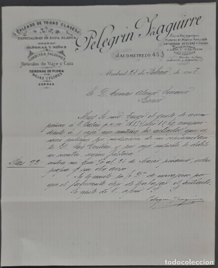 Cartas comerciales: Pelegr&iacute;n Izaguirre. Sucesor de Franc&iacute;sco Igual. Especialidad en ropa y calzado. Madrid. Espa&ntilde;a 1907
