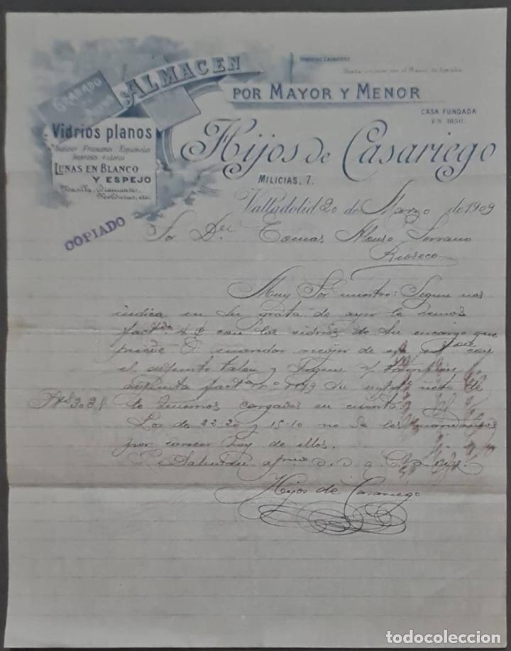 Cartas comerciales: Hijos de Casariego. Almac&eacute;n por Mayor y menor. Vidrios planos. Valladolid. Espa&ntilde;a 1909