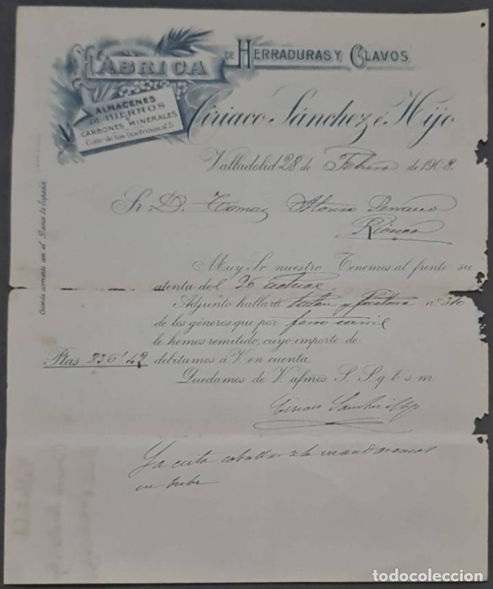Cartas comerciales: Ciriaco S&aacute;nchez &eacute; Hijo. F&aacute;brica de herraduras y clavos. Valladolid. Espa&ntilde;a 1908