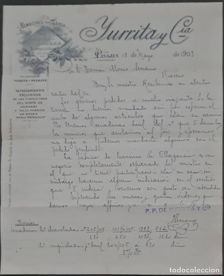 Cartas comerciales: Yurrita y C&iacute;a. Almacenes al por mayor de Ferreter&iacute;a, quincalla y herramientas. Pasajes. Espa&ntilde;a 1907