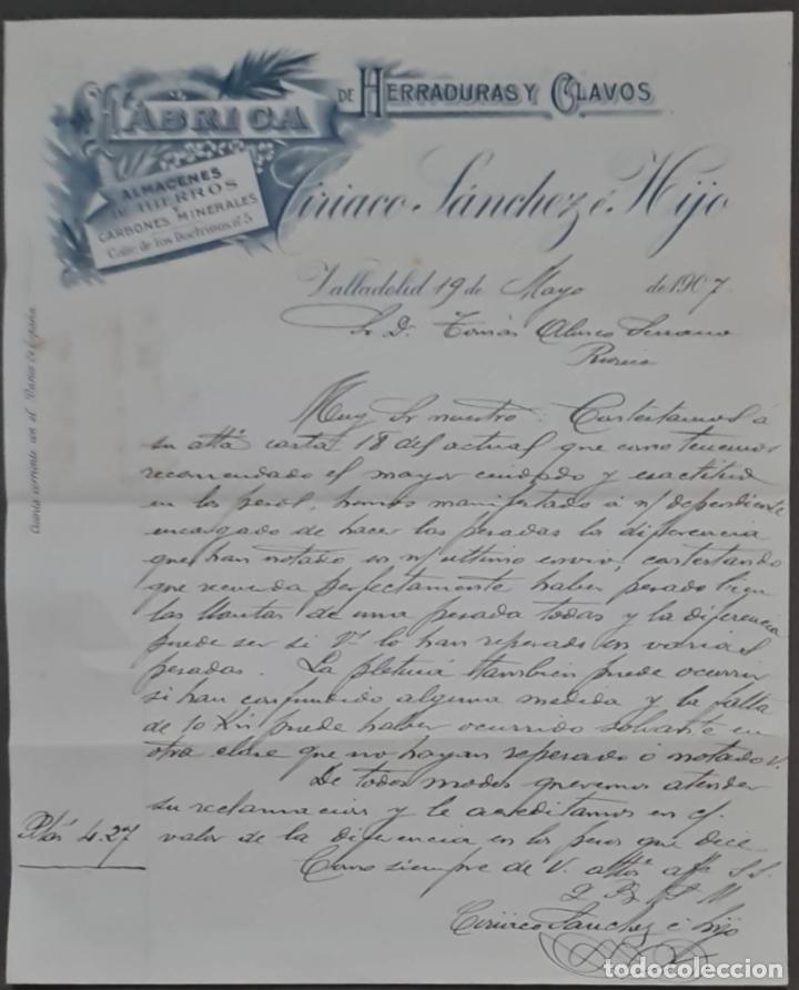 Cartas comerciales: Ciriaco S&aacute;nchez &eacute; Hijo. F&aacute;brica de herraduras y clavos. Valladolid. Espa&ntilde;a 1907