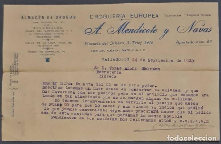 Cartas comerciales: A. Mendicote y Navas. Droguer&iacute;a Europea. Valladolid. Espa&ntilde;a 1930