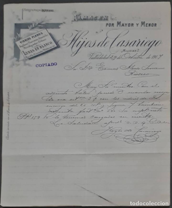 Cartas comerciales: Hijos de Casariego. Almac&eacute;n por Mayor y menor. Vidrios planos. Valladolid. Espa&ntilde;a 1907