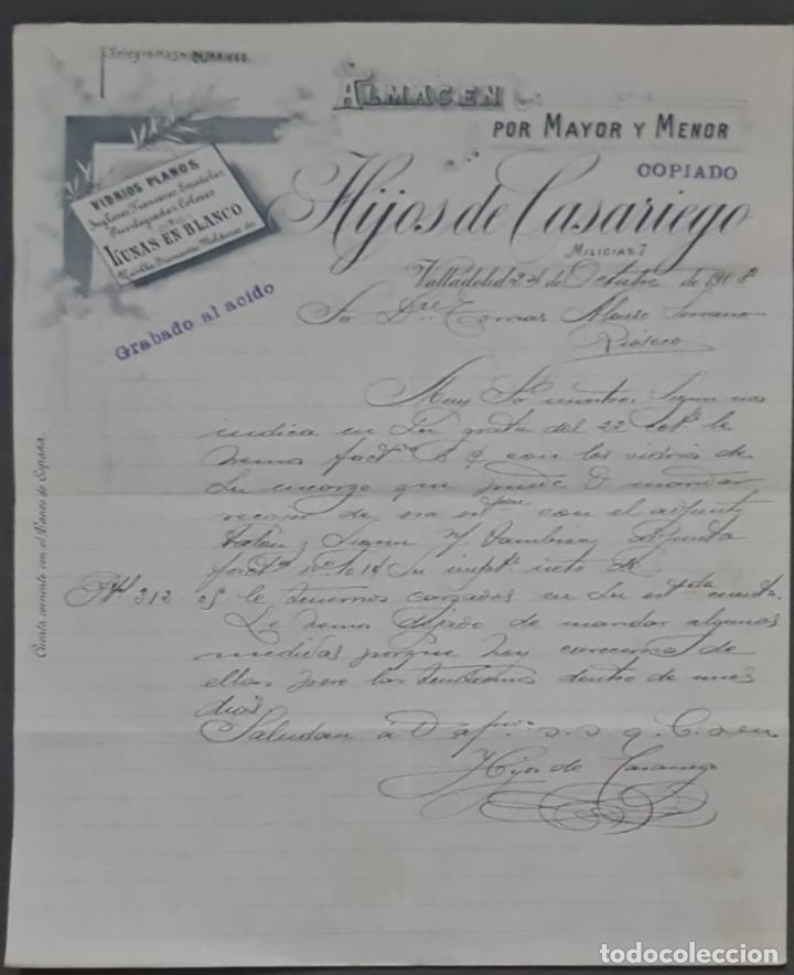 Cartas comerciales: Hijos de Casariego. Almac&eacute;n por Mayor y menor. Vidrios planos. Valladolid. Espa&ntilde;a 1908