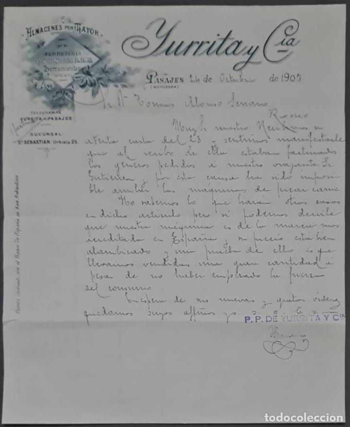 Cartas comerciales: Yurrita y C&iacute;a. Almacenes al por mayor de Ferreter&iacute;a, quincalla y herramientas. Pasajes. Espa&ntilde;a 1907