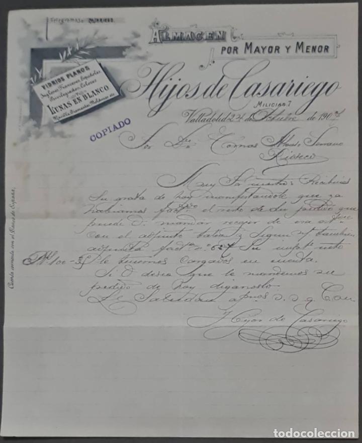 Cartas comerciales: Hijos de Casariego. Almac&eacute;n por Mayor y menor. Vidrios planos. Valladolid. Espa&ntilde;a 1907