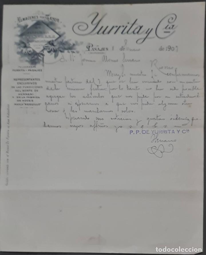 Cartas comerciales: Yurrita y C&iacute;a. Almacenes al por mayor de Ferreter&iacute;a, quincalla y herramientas. Pasajes. Espa&ntilde;a 1907