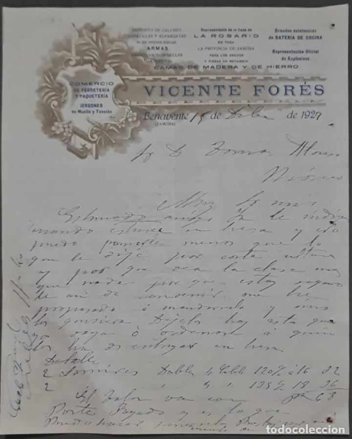 Cartas comerciales: Vicente For&eacute;s Vilar. Ventas al por mayor y menor. Zamora. Espa&ntilde;a 1927