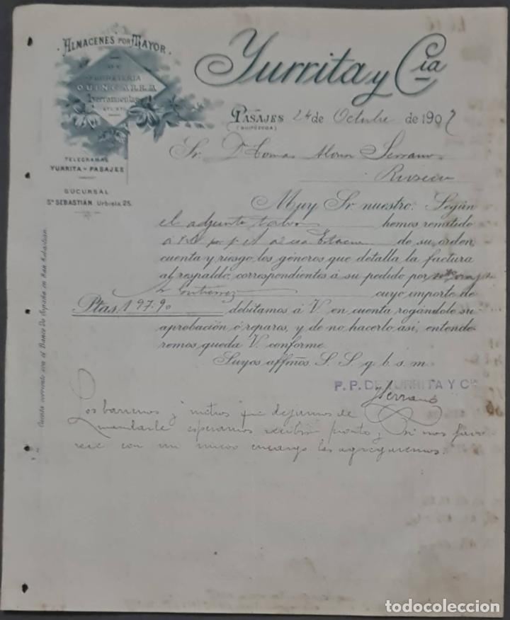 Cartas comerciales: Yurrita y C&iacute;a. Almacenes al por mayor de Ferreter&iacute;a, quincalla y herramientas. Pasajes. Espa&ntilde;a 1907