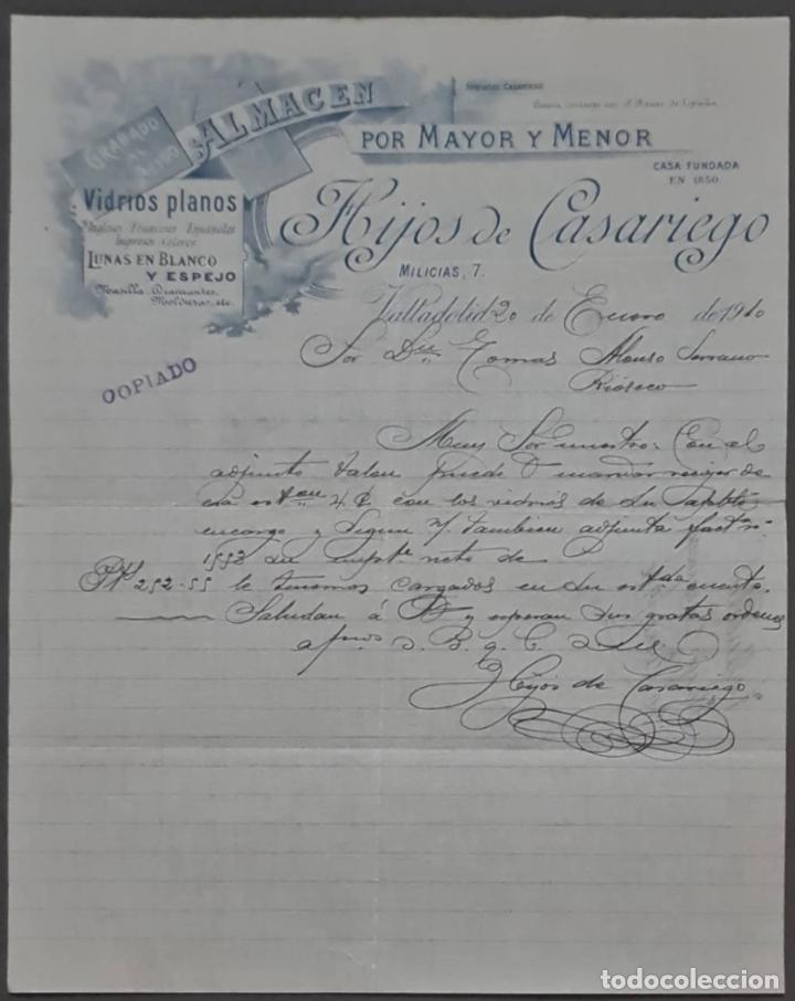 Cartas comerciales: Hijos de Casariego. Almac&eacute;n por Mayor y menor. Vidrios planos. Valladolid. Espa&ntilde;a 1910