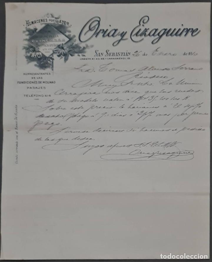 Cartas comerciales: Oria y Eizaguirre. Almacenes por Mayor. San Sebasti&aacute;n. Espa&ntilde;a 1910
