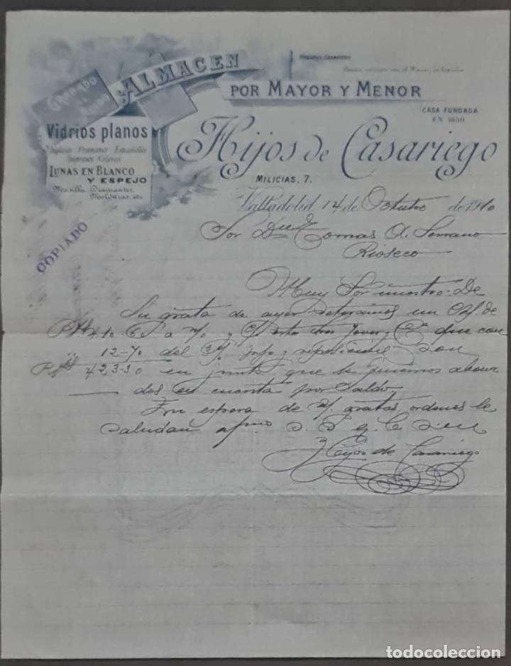 Cartas comerciales: Hijos de Casariego. Almac&eacute;n por Mayor y menor. Vidrios planos. Valladolid. Espa&ntilde;a 1910