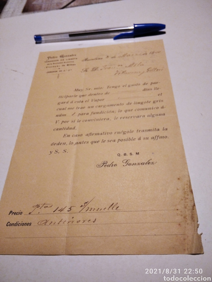 Cartas comerciales: Carta comercial, Pedro Gonz&aacute;lez vendedor de lingote, sociedad an&oacute;nima Vizcaya de Bilbao 1901