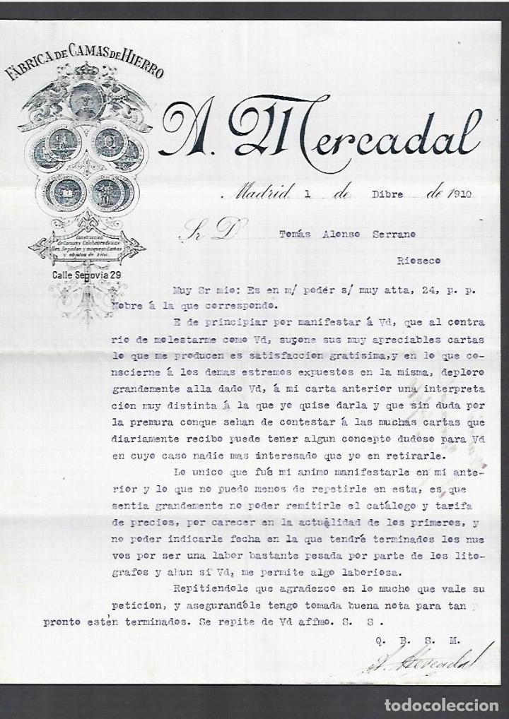 Cartas comerciales: CARTA COMERCIAL. FABRICA DE CAMAS DE HIERRO. A.MERCADAL. 1910. MADRID