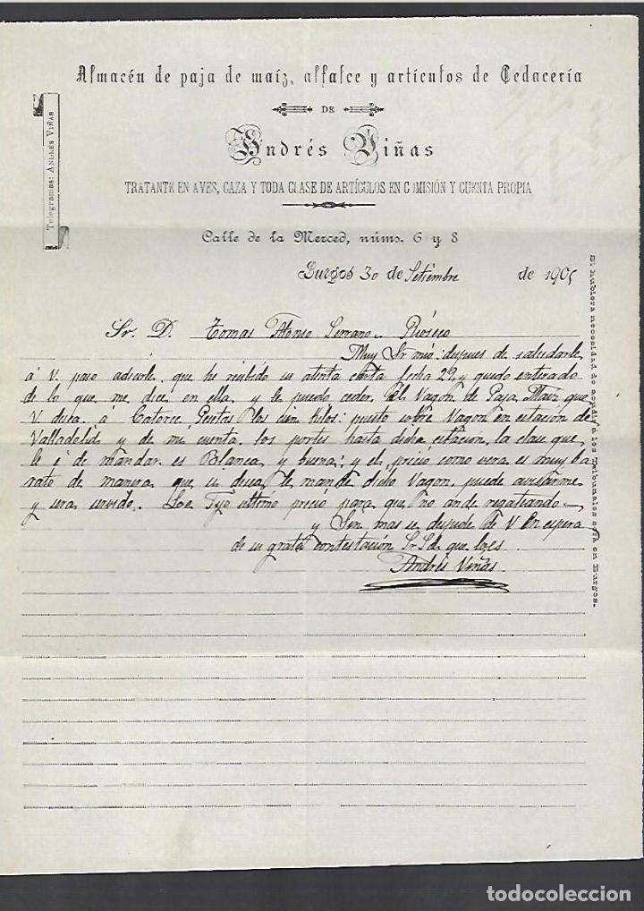 Cartas comerciales: CARTA COMERCIAL. ALMAC&Eacute;N DE PAJA DE MA&Iacute;Z, ALFALFA, CEDACERIA. ANDRES VI&Ntilde;AS. 1905. BURGOS