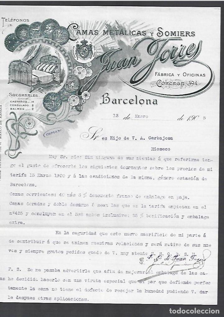 Cartas comerciales: CARTA COMERCIAL. JUAN TORRES. CAMAS MET&Aacute;LICAS Y SOMMIERS. 1905. BARCELONA