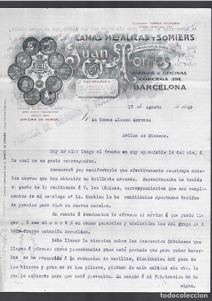 Cartas comerciales: CARTA COMERCIAL. JUAN TORRES. CAMAS MET&Aacute;LICAS Y SOMMIERS. 1909. BARCELONA