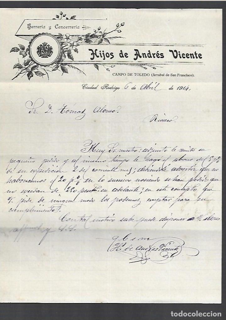Cartas comerciales: CARTA COMERCIAL. HIJOS DE ANDRES VICENTE. HERRERIA Y CENCERR&Iacute;A. CIUDAD RODRIGO. 1914