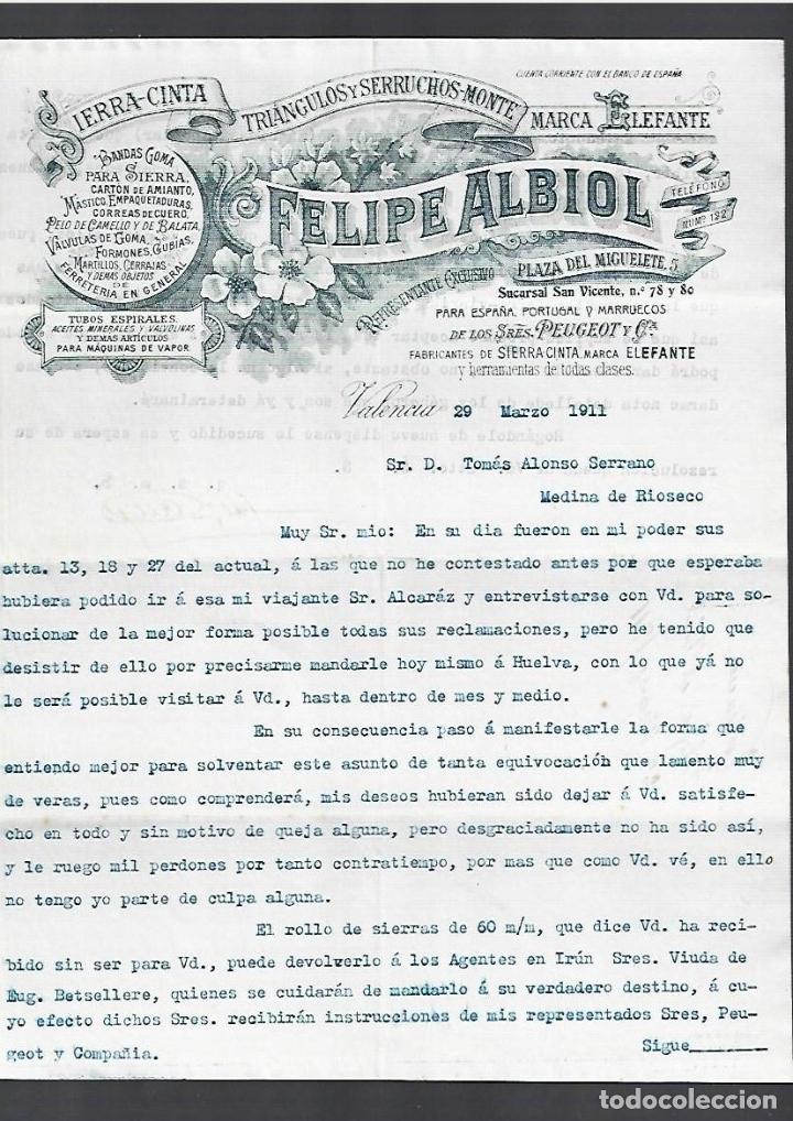 Cartas comerciales: CARTA COMERCIAL. SIERRA, SERRUCHOS, MONTE. MARCA ELEFANTE. FELIPE ALBIOL. 1911. VALENCIA