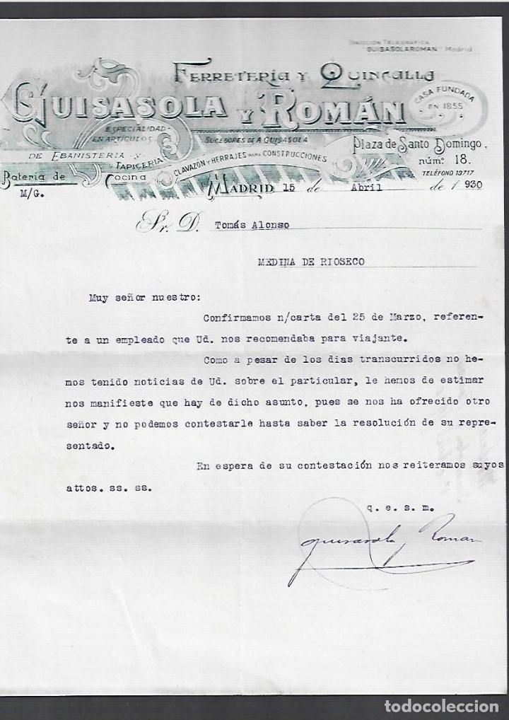 Cartas comerciales: CARTA COMERCIAL. FERRETER&Iacute;A Y QUINCALLA. GUISASOLA Y ROMAN. 1930. MADRID
