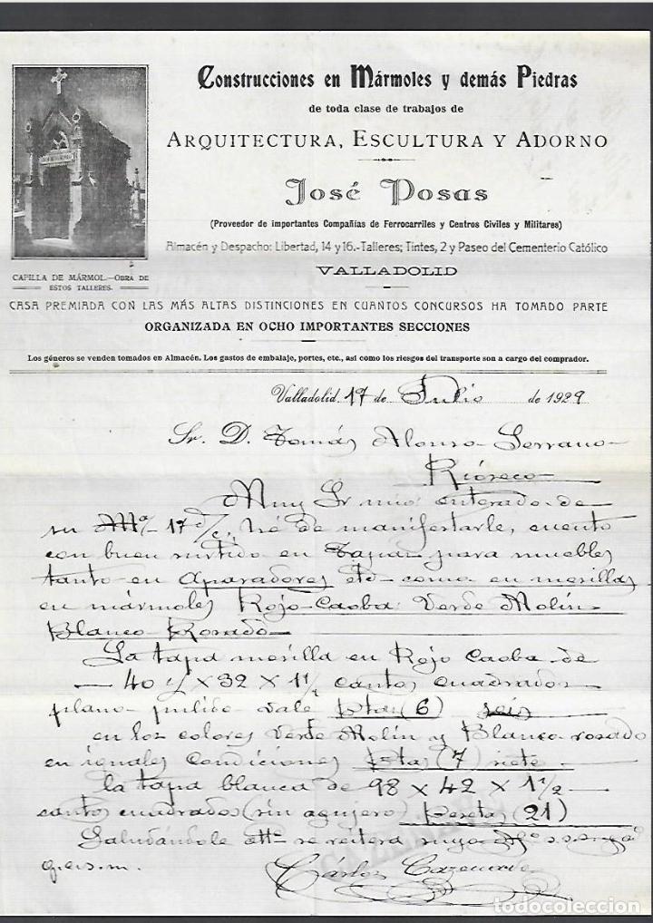 Cartas comerciales: CARTA COMERCIAL. CONSTRUCCIONES EN M&Aacute;RMOLES Y DEM&Aacute;S PIEDRAS. JOSE POSAS. 1929. VALLADOLID