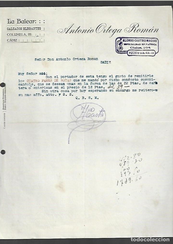 Cartas comerciales: CARTA COMERCIAL. ANTONIO ORTEGA ROMAN. LA BALEAR. CADIZ. CALZADOS ELEGANTES.