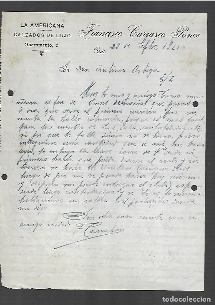 Cartas comerciales: CARTA COMERCIAL. FRANCISCO CARRASCO PONCE. LA AMERICANA. CALZADOS DE LUJO. CADIZ. 1921