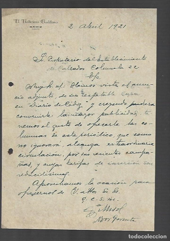 Cartas comerciales: CARTA COMERCIAL. EL NOTICIERO GADITANO. CADIZ. 1921