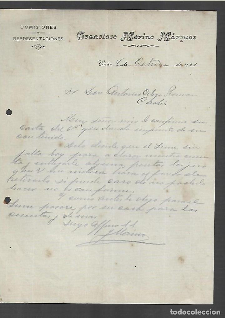 Cartas comerciales: CARTA COMERCIAL. FRANCISCO MERINO M&Aacute;RQUEZ. COMISIONES Y REPRESENTACIONES. CADIZ. 1921