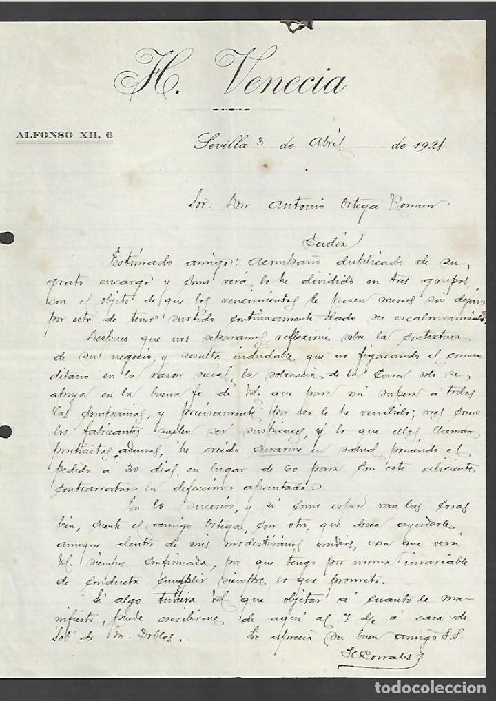 Cartas comerciales: CARTA COMERCIAL. HOTEL VENECIA. 1921. SEVILLA