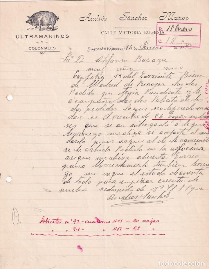 Cartas comerciales: ULTRAMARINOS Y COLONIALES ANDR&Eacute;S S&Aacute;NCHEZ MU&Ntilde;OZ. LOGROS&Aacute;N C&Aacute;CERES. FIRMA PROPIETARIO A&Ntilde;OS 30