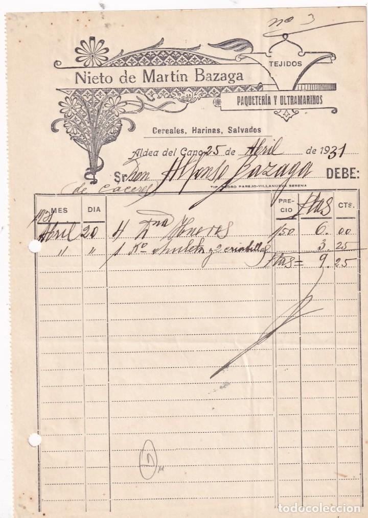 Cartas comerciales: Nieto de Martin Bazaga. Cereales, harinas, ultramarinos, etc. Aldea del Cano. C&aacute;ceres.