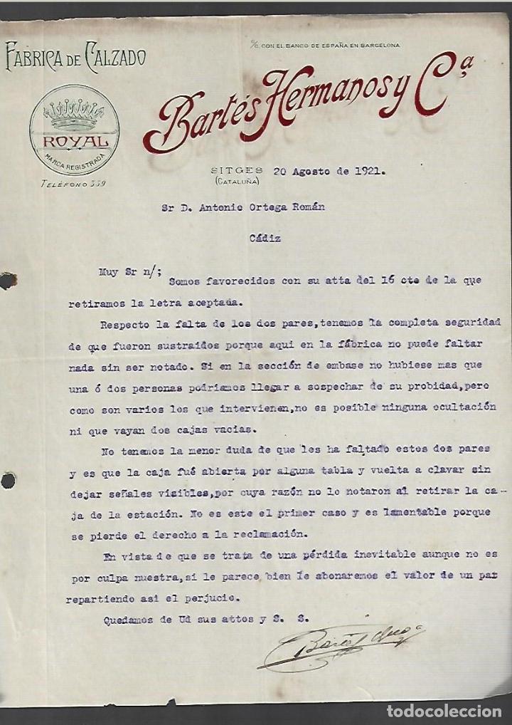 Cartas comerciales: CARTA COMERCIAL. BARTES HERMANOS Y CIA. FABRICA DE CALZADO. 1921. SITGES.