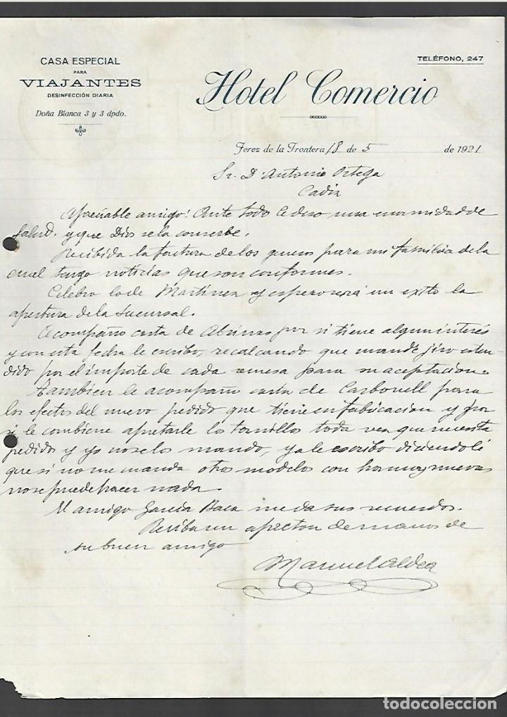 Cartas comerciales: CARTA COMERCIAL. HOTEL COMERCIO. CASA ESPECIAL PARA VIAJANTES. 1921. JEREZ DE LA FRONTERA