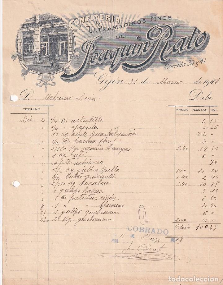 Cartas comerciales: factura. confiteria y ultramarinos finos de Joaquin Rato. Gijon 1917. Firma propietario.