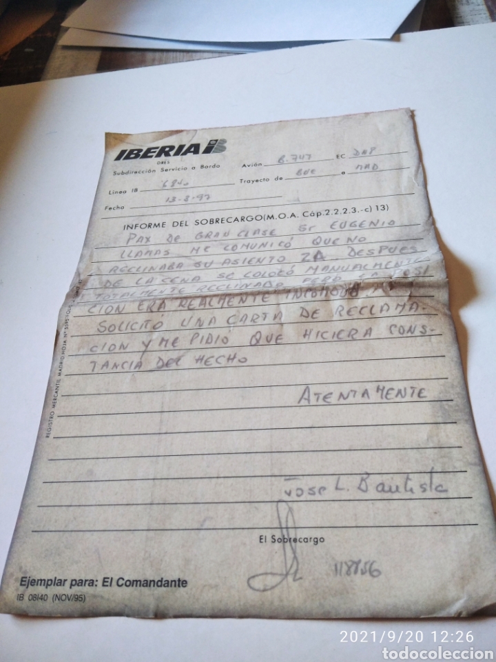 Cartas comerciales: Hoja reclamaci&oacute;n Iberia, no reclinaba el asiento