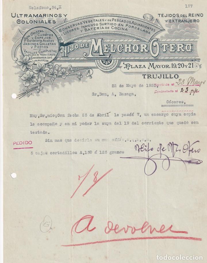Cartas comerciales: Hijo de Melchor Otero. Ultramarinos y coloniales. Cristal, loza, jabones, galletas y pastas Trujillo